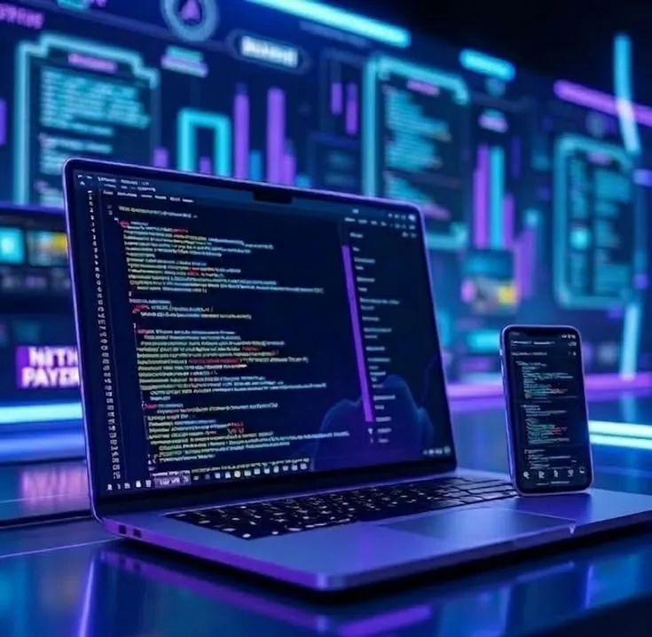 Notebook e celular exibindo código com painéis de dados